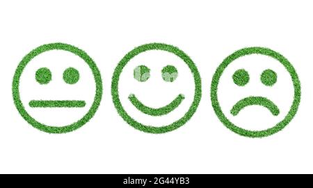 Set di icone smiley. Emoticon positive, neutre e negative realizzate in erba isolata su sfondo bianco. Foto Stock