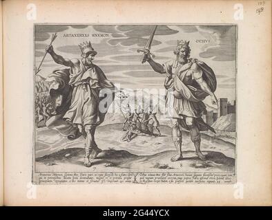 Re Araxerxes II e re Artaserxes III; re persiano; Teatrum Biblicum Hoc Est Historiae Sacrae Veteris et Novi Testamenti Tabulis Aeneis Expressae. Sinistra Re Artaserse II di Persia in piedi con una freccia in mano. Sullo sfondo si può vedere come artaserxes ha battuto il fratello minore Cyrus che si era ribellato contro di lui. Destra Re Artaserse III di Persia in piedi con una spada in mano. In background è probabilmente per vedere come il fratello maggiore è eseguito. Sotto la mostra testi esplicativi in latino. Questa stampa fa parte di un album. Foto Stock