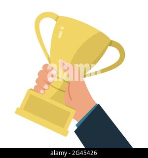 Illustrazione vettoriale di una mano che tiene una coppa di trofei d'oro. Il campione detiene il premio per la vincita. Concetto aziendale. Foto Stock