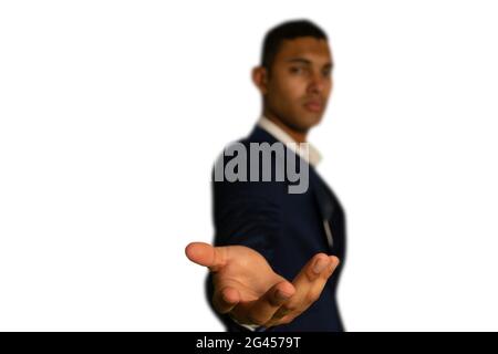 Imprenditore con braccio esteso e mano Foto Stock