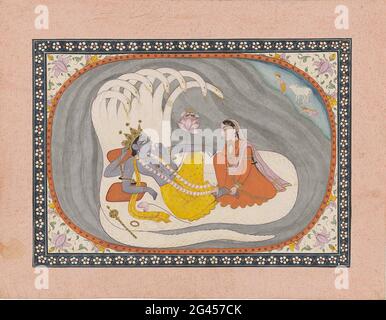 Vishnu si trova sul serpente Ananta, Bhumi è seduto di fronte a lui. Vishnu è sul serpente Ananta; Bhumi è davanti a lui e gli batte il piede. Un fiore di loto cresce dall'ombelico di Vishnu, da cui nasce Brahma. Foto Stock