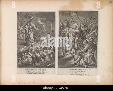 Soldati che cadono intorno a Cristo a terra; Passione di Cristo; Theatrum Biblicum Hoc Est Historiae Sacrae Veteris et Novi Testamenti Tabulis Eneis Expressae. Cristo si annuncia alla corte di Getemane. Giuda, il suo traditore e i soldati sono indietro e cadono a terra. Sullo sfondo, Simon Petrus tira la spada per girare l'orecchio destro di Malchus. Sotto la mostra un versetto di quattro righe in latino. In basso a destra della lettera: c. Questa stampa fa parte di un album. Foto Stock