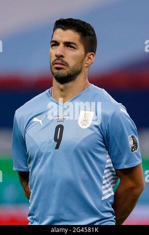 Brasilia, Brasile. 18 Giugno 2021. Luis Suarez dell'Uruguay reagisce prima della partita di calcio del gruppo Copa America del 2021 tra Argentina e Uruguay a Brasilia, Brasile, 18 giugno 2021. Credit: Lucio Tavora/Xinhua/Alamy Live News Foto Stock