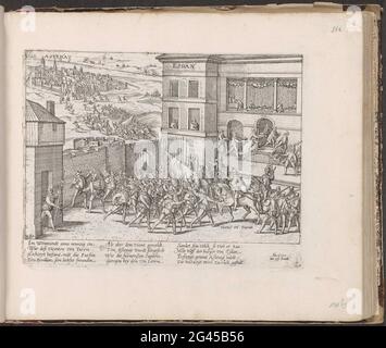 Matrimonio di Turenne e l'assunzione di Stenay, 1591; Serie 4: Francese, tedesco e inglese eventi, 1576-1610. Matrimonio di Henri, Vicomte de Turenne con Charlotte de la Marck a Sedan e l'assunzione di Stenay, 27 ottobre 1591. Faccia all'interno del palazzo con le feste di nozze, in alto a sinistra le truppe di Astenay. Con didascalia di 12 linee in tedesco. Sinistra sotto numerata: 280. La stampa fa parte di un album. Foto Stock