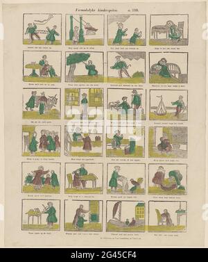 Giochi per bambini Vermeelyke. Foglio con 24 rappresentazioni delle lettere dell'alfabeto illustrate con bambini i cui nomi iniziano con la lettera corrispondente. Sotto ogni performance una didascalia. Numerato al centro sopra: N. 116. Foto Stock
