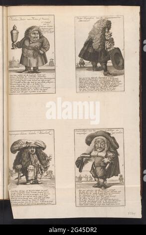Foglio con caricature di nani e il commercio del vento, 1720; 2° tappa dello Spirito di Esopo / Storia-Coppa di Fi-Âne o Vianen / Rettore Magnificus della letteratura ininterrotta / a parte circondato intorno al gusto della vescica coperta / contro collegio dei felici e disastrosi cercatori Lapis; La grande scena della stoltezza. Foglia con caricature di figure nane-simili nel commercio del vento con un riferimento nelle didascalie a Vianen. Quattro piastre separate numerate 5-8 stampate su un foglio. Piatto 5: Una nana in abito da condimento con una tazza grande. Piatto 6: Un nano con una grande parrucca, il cappello in mano. Piastra 7: Un nano a. Foto Stock