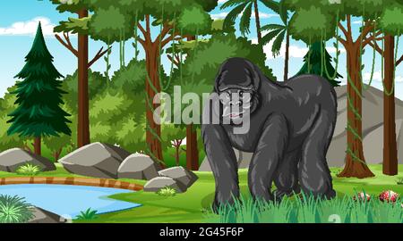 Gorilla nella foresta o nella foresta pluviale scena con molti alberi illustrazione Illustrazione Vettoriale