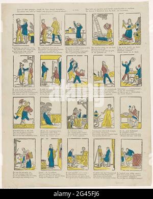 Imparare da Deez 'stampe, giovani, la cara virtù, / e timido, anche nel minimo, scuse e pietà Schaedt; / Dan Gy, su questo Aerd 'sempre devono aspettare la gente, / e poi Heerlykst Loon da Dio, la tua cancellazione. Foglio con 20 rappresentazioni di scene moralizzanti. Sotto ogni immagine un verso a quattro righe. Numerato al centro: N. 144. Foto Stock