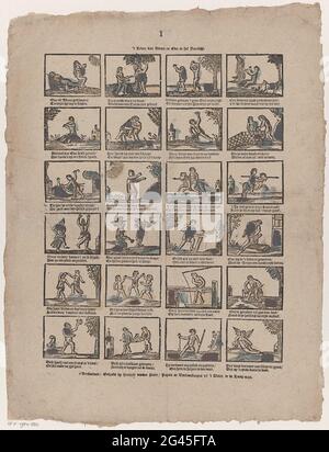 't vita di Adamo ed Eva in paradiso. Foglio con 24 spettacoli di storie del nuovo Testamento e di giochi per bambini e artigiani. Sotto ogni immagine un fresco a due zampe. Numerato al centro sopra: 1. Foto Stock