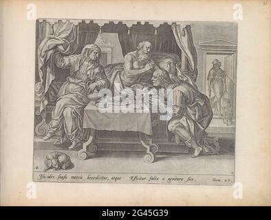 Isacco benedisse Giacobbe; Storia di Jakob ed Esaù; Teatrum Biblicum Hoc Est Historiae Sacrae Veteris et Novi Testamenti Tabulis Eneis Expressae. Il vecchio e cieco Isacco benedice Giacobbe, che si inginocchiò al letto. Con l'aiuto di sua madre Rebecca, che si trova sul bordo del letto, si travestì come suo fratello Esaù per ricevere la benedizione. Nel collo e nelle mani, Giacobbe porta il foglio di un pasticcio che assomiglia al suo fratello peloso. Sullo sfondo, Esaù torna dalla caccia. Sotto la mostra un riferimento in latino al testo della Bibbia nel Gen 27. Questa stampa fa parte di un album. Foto Stock