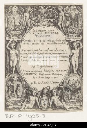 Cartouche circondato da putti e scene della vita di Maria; Gloriosisimae virginis dei parae elogium. Cartouche ovale con titolo latino, Perchè sei putti, cinque medaglioni con scene della vita di Maria e uno stemma. Le scene narrative si riferiscono dall'alto a destra in basso a destra (senso antiorario): Nascita di Maria, nascita di Cristo, Crocifissione, Cristo appare dopo la sua morte a Maria, Ascensione e Korona di Maria. Foto Stock