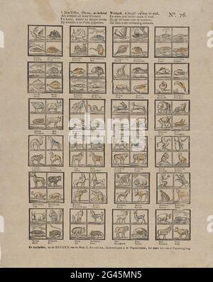 'T Zyn pesca, animali, così ben noto / come strano da ogni elemento [(...)]. Foglia con 24 spettacoli con quattro animali, come un pesce, una tartaruga, una lepre e una tigre. Sotto ogni spettacolo i nomi degli animali. Numerato in alto a destra: N. 76. Foto Stock
