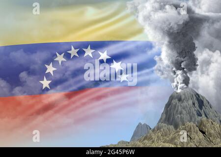 Eruzione stratovulcano al giorno con fumo bianco sullo sfondo della bandiera del Venezuela, problemi di disastro naturale e il concetto di terremoto vulcanico - Foto Stock