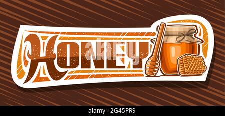 Banner vettoriale per Miele, cartoncino decorativo tagliato con illustrazione di cucchiaia di miele di legno, pentola rustica di vetro e pezzo di nido d'ape, aggiungere coupon Illustrazione Vettoriale