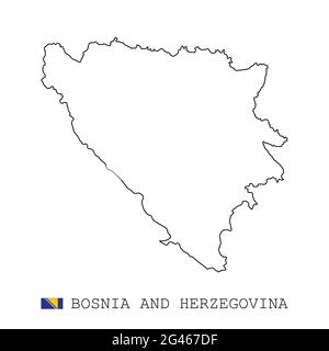 Linea mappa Bosnia Erzegovina, vettore lineare sottile contorno semplice e flag. Nero su sfondo bianco Illustrazione Vettoriale