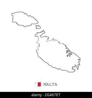 Linea mappa Malta, vettore lineare sottile contorno semplice e flag. Nero su sfondo bianco Illustrazione Vettoriale