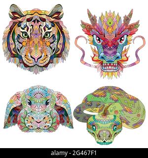 Testa di tigre, drago, coniglio e teste di serpente. Stile Zentangle per t-shirt, tatuaggio e altre decorazioni Illustrazione Vettoriale