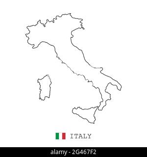 Linea mappa Italia, vettore lineare sottile contorno semplice e flag. Nero su sfondo bianco Illustrazione Vettoriale