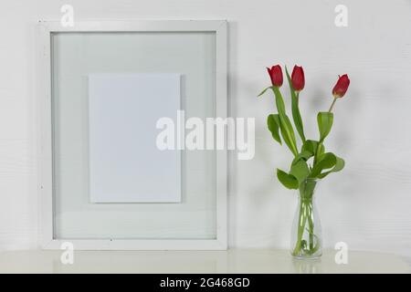 Vista di una cornice vuota, con tulipani rossi in vaso di vetro su fondo bianco Foto Stock