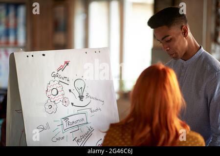 Young creative colleagues in a creative process in a working atmosphere in the office. Employees, office, work Foto Stock