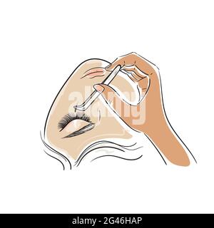 Faccia della donna. Estensione ciglia. Procedura per l'estensione del ciglia. Le pinzette master aggiungono la cilia falsa o falsa al cliente. Logo.Stock vettore Illustrat Foto Stock