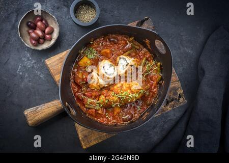 In stile moderno, i tradizionali involtini di vitello italiani cotti lentamente saltimbocca con verdure e olive in salsa piccante come close-u Foto Stock