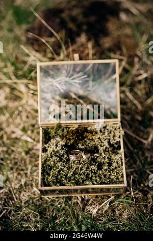 Anelli di nozze della sposa e dello sposo in una scatola di specchio su erba verde. Foto Stock