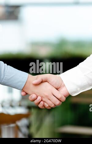 Uomini d'affari aziendali Handshake Indoors.Two persone professionalmente ben vestito gesturing togetherness.Working colleghi Partners Foto Stock