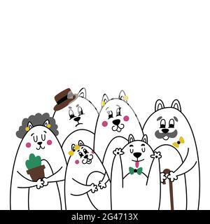Simpatico ritratto di una famiglia di gatti. Felice mamma, papà, figlia, figlio, nonna e nonno ad una foto sparare insieme. Semplice illusione di fumetti minimale Illustrazione Vettoriale
