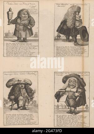 Foglio con caricature di nani e il commercio del vento, 1720; 2° tappa dello Spirito di Esopo / Storia-Coppa di Fi-Âne o Vianen / Rettore Magnificus della letteratura ininterrotta / a parte circondato intorno al gusto della vescica coperta / contro collegio dei felici e disastrosi cercatori Lapis; La grande scena della stoltezza. Foglia con caricature di figure nane-simili nel commercio del vento con un riferimento nelle didascalie a Vianen. Quattro piastre separate numerate 5-8 stampate su un foglio. Piatto 5: Una nana in abito da condimento con una tazza grande. Piatto 6: Un nano con una grande parrucca, il cappello in mano. Piastra 7: Un nano a. Foto Stock