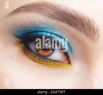 Occhio femminile umano con ombre blu degli occhi fumosi e liner giallo. Foto Stock