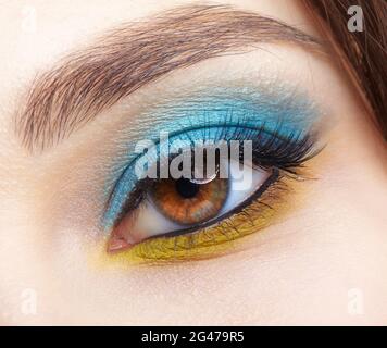 Occhio femminile umano con ombre blu degli occhi fumosi e liner giallo. Foto Stock