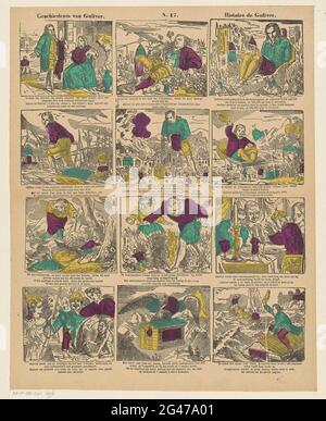 Storia di Guliver / Histoire de Guliver. Leaf con 12 performance da Gullivers viaggio, tra cui Gulliver a Lilliput e due giganti che gulliver incarcerazione. Sotto ogni esibizione un due volte fresco in olandese e francese. Numerato al centro sopra: N. 17. Foto Stock