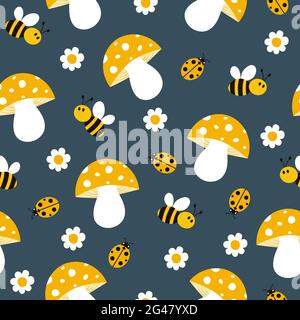 Modello senza cuciture con api, funghi, coccinelle e margherite carine. Può essere utilizzato per sfondi, involucri, carte, motivi per vestiti e altro. Foto Stock