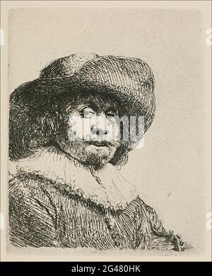 Rembrandt Harmenszoon Van Rijn - Ritratto uomo con cappello largo brimmed Ruff 1638 Foto Stock