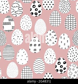 Vettore senza giunture modello di Pasqua felice. Uova di Pasqua dipinte con ornamenti scandinavi bianchi e neri su sfondo rosa. Festa primavera Polka dot, Illustrazione Vettoriale