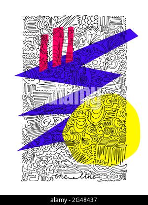 Vettore astratto poster di una riga. Disegno a linea singola con contorno nero. Linee infinite e forme geometriche gialle, rosa, viola su sfondo bianco. Linea a Illustrazione Vettoriale