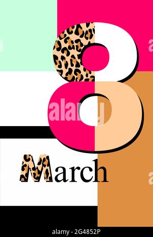 Biglietto d'auguri per donne. 8 marzo illustrazione. Biglietto d'auguri per donne con Giornata Internazionale della Donna. Stampa rosa, marrone, blu, bianco, leopardo. Spot Illustrazione Vettoriale