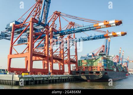 Grandi navi portacontainer e strutture portuali presso un terminal di container ad Amburgo, Germania Foto Stock