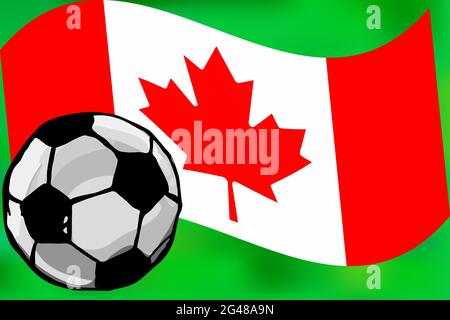 Bandiera canadese e palla di calcio isolato su sfondo verde.Nazionale di calcio sfondo.Canada bandiera campionato di calcio. Team support concept.Vector Illustrazione Vettoriale