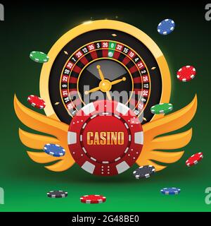 Roulette ruota e poker chip volare casinò. Concetto su sfondo verde. Illustrazione vettoriale del casinò. Chip realistico nell'aria. Casinò online, gioco d'azzardo Illustrazione Vettoriale