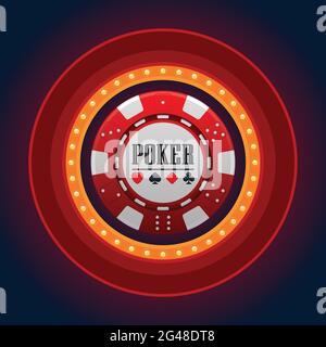 Torneo di poker. Singolo chip rosso del casinò con telaio della lampada del casinò su sfondo scuro. Concetto di casinò, gioco d'azzardo, illustrazione vettoriale Illustrazione Vettoriale