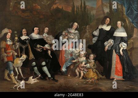 Michiel de Ruyter e la sua famiglia. Ritratto di gruppo di Michiel de Ruyter e della sua famiglia. Sulla sinistra si trova Michiel Adriaensz de Ruyter, vice-ammiraglio van Holland al tempo di questo ritratto, la sua terza moglie Anna van Gelder (1614-87) e il figlio di un matrimonio precedente Jan Pauwelsz van Gelder (1647-73). I tre figli del secondo matrimonio dei Ruytters sono proposti: Cornelia estremamente destra (1673-1720) con suo marito Jan de Witte (om. 1683), al centro di Alida (1642-79) e angelo sinistro (1649-83) con un falco. Le due figlie della coppia, collegano Margaretha (1652-88) e Anna a destra ( Foto Stock