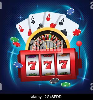 Slot machine vincente, carte da gioco e roulette fly casino. Illustrazione vettoriale del casinò online. Concetto su sfondo blu. Illust vettore casinò Illustrazione Vettoriale