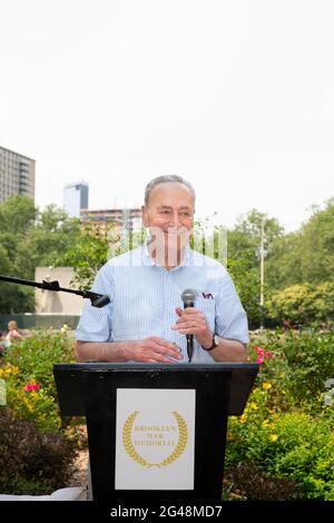 Chuck Schumer che parla alla prima festa nazionale di Juneteicesima al boschetto Juneticentesco del Cadman Plaza Park Foto Stock