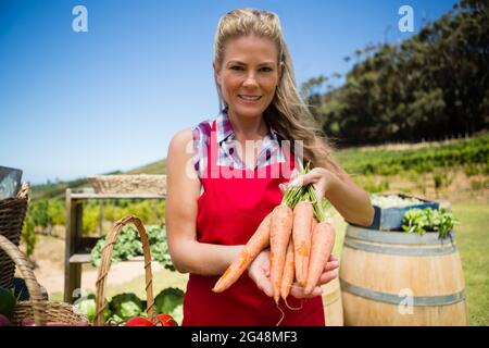 Ritratto di donna felice che tiene carote fresche in bancarella di verdure Foto Stock