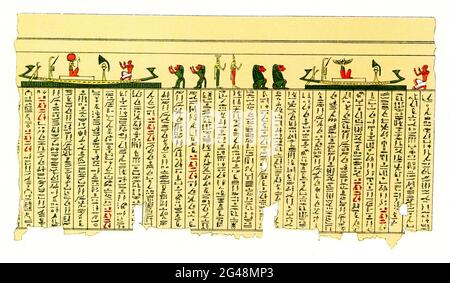 La didascalia di questa immagine del 1804 recita: "Manoscritto sul papiro in geroglifici". I due pigmenti più comuni visti sui papiri sono nero e rosso. L'inchiostro nero che vedete più spesso è usato per scrivere le lettere dei geroglifici o del testo ieratico ed è quasi sempre un inchiostro nero di carbonio. Il rosso è stato spesso utilizzato per rubriche come titoli e intestazioni per distinguerle dal resto del testo. Foto Stock