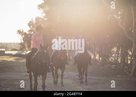 Allenatore maschile che guida le donne a cavallo Foto Stock