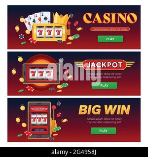 Set di banner Web orizzontali VIP, concetto di logo Golden del club di testo del casinò online Vector. Slot machine, jackpot monete d'oro in caduta Illustrazione Vettoriale