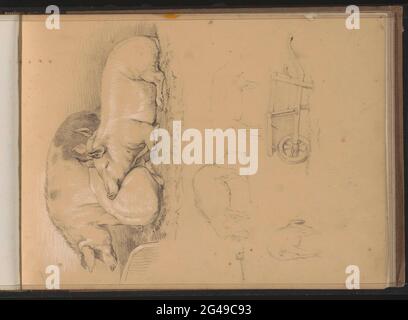 Maiali e un carretto a mano. La foglia 46 recto da un libro di schizzo con 77 fogli. Foto Stock